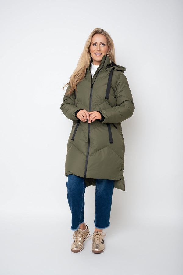 Carraig Donn Khaki Contrast Trim Puffer Hooded Zip Longline Jacket