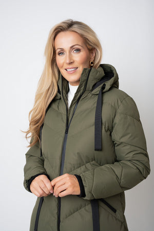 Carraig Donn Khaki Contrast Trim Puffer Hooded Zip Longline Jacket