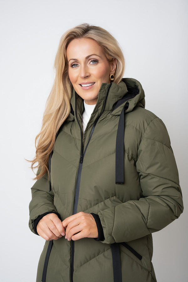 Carraig Donn Khaki Contrast Trim Puffer Hooded Zip Longline Jacket