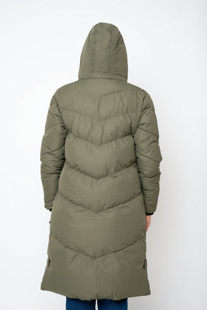 Carraig Donn Khaki Contrast Trim Puffer Hooded Zip Longline Jacket
