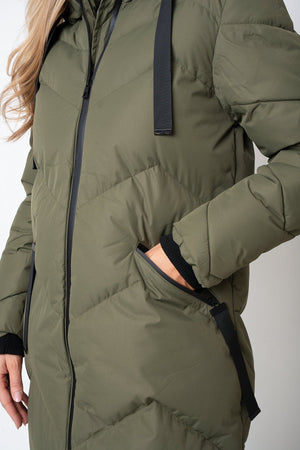 Carraig Donn Khaki Contrast Trim Puffer Hooded Zip Longline Jacket