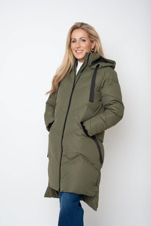 Carraig Donn Khaki Contrast Trim Puffer Hooded Zip Longline Jacket