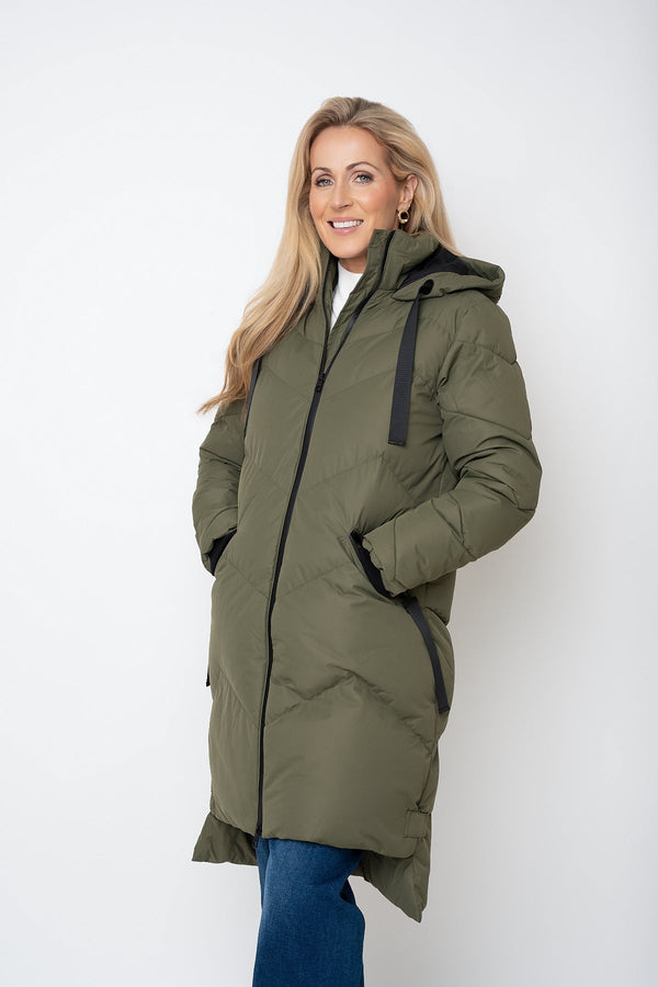 Carraig Donn Khaki Contrast Trim Puffer Hooded Zip Longline Jacket