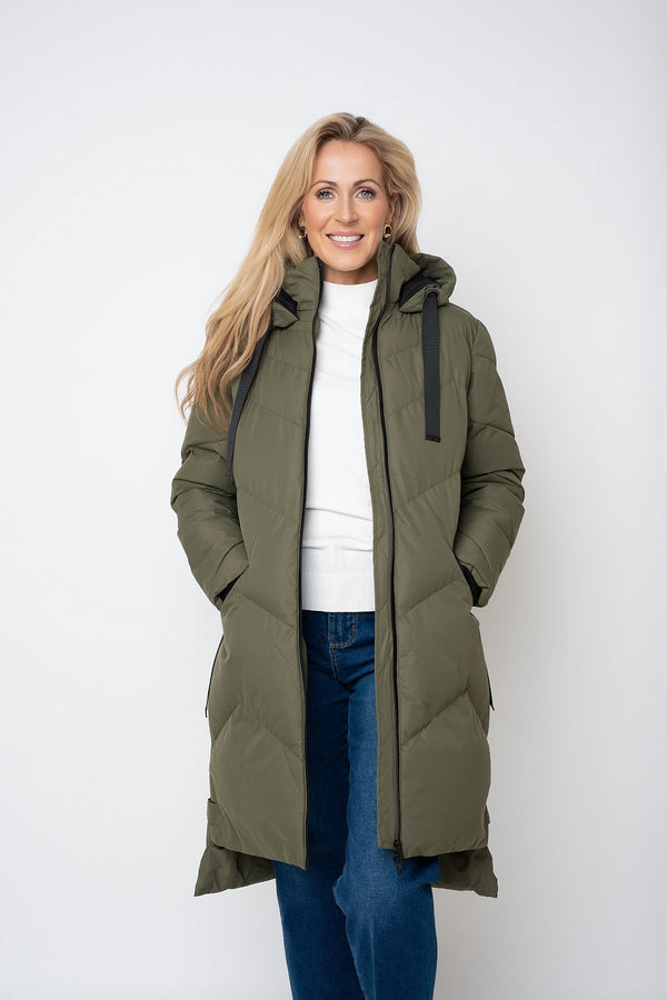 Carraig Donn Khaki Contrast Trim Puffer Hooded Zip Longline Jacket
