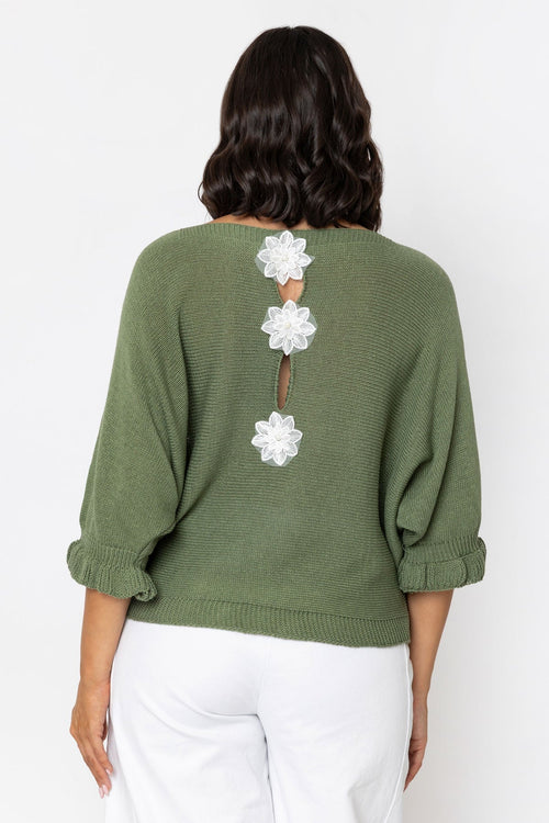 Carraig Donn Khaki Cotton Flower Back Knit Jumper