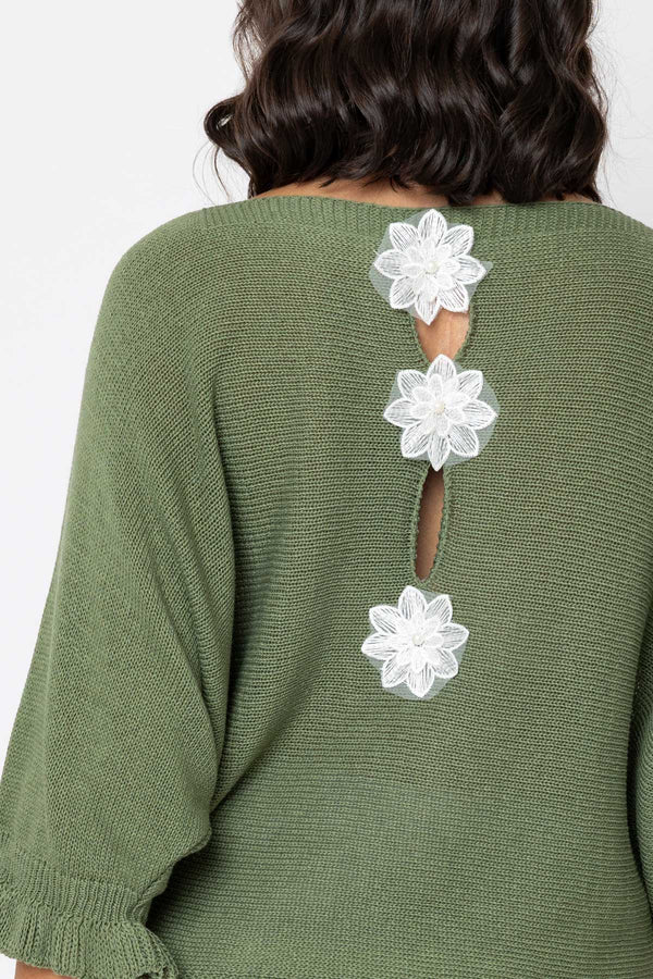 Carraig Donn Khaki Cotton Flower Back Knit Jumper