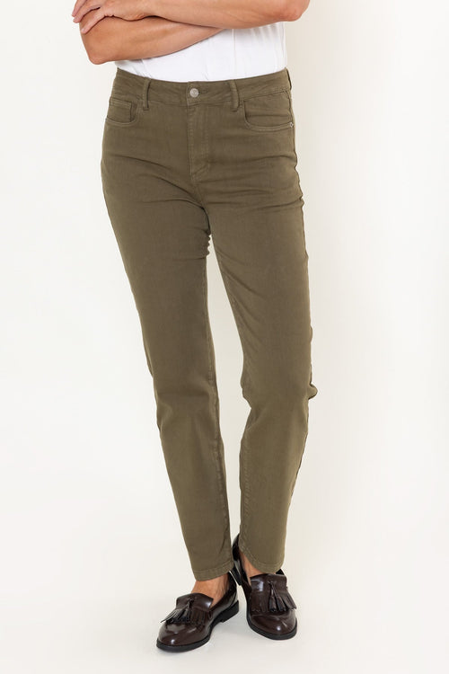 Carraig Donn Khaki Denim High Waist Straight Leg 5 Pocket Jeans