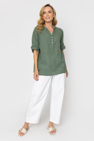 Carraig Donn Khaki Embroidered Cotton Blouse