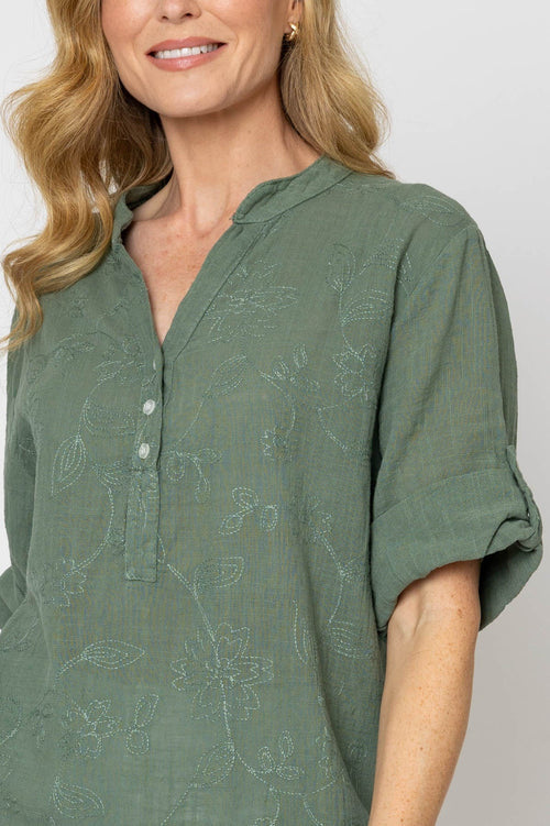 Carraig Donn Khaki Embroidered Cotton Blouse