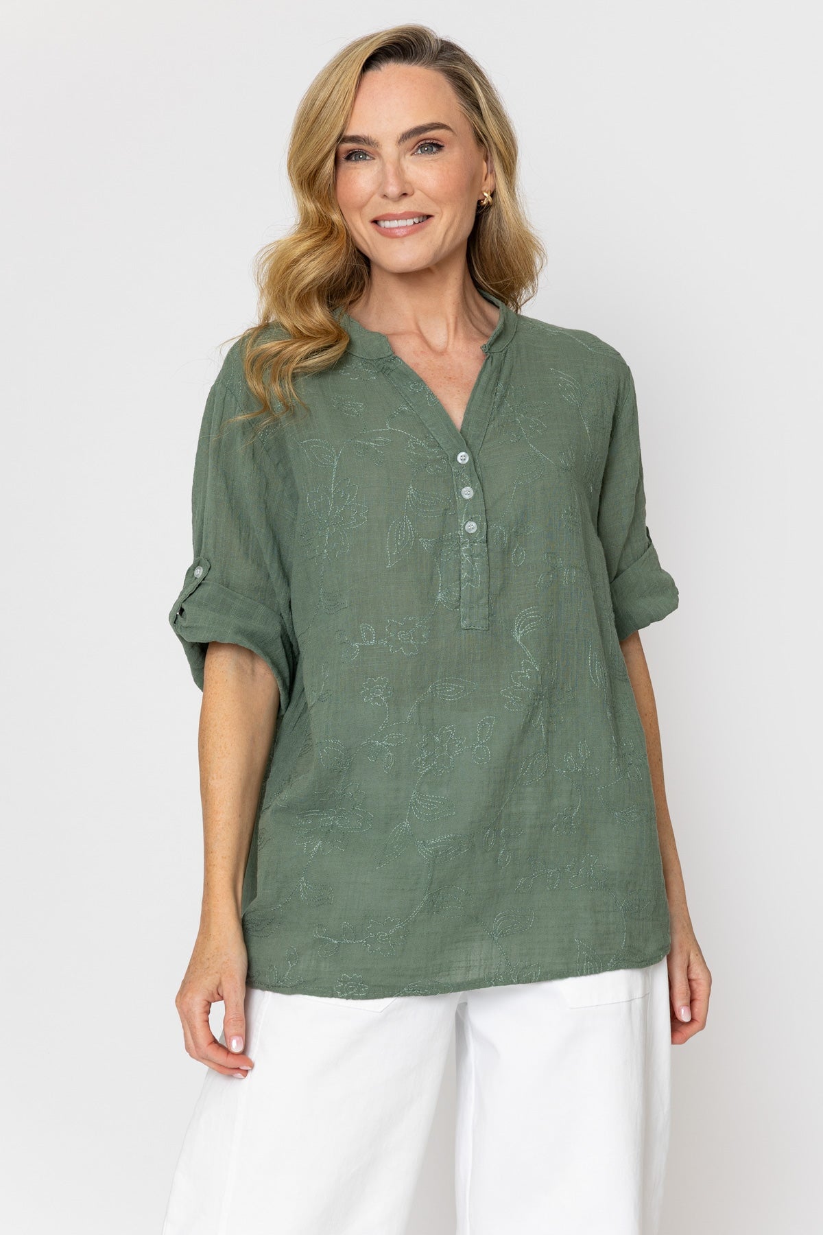 Khaki Embroidered Cotton Blouse