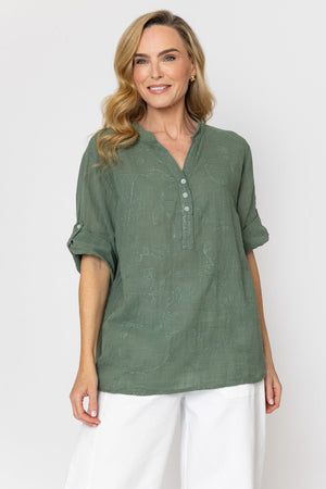 Carraig Donn Khaki Embroidered Cotton Blouse