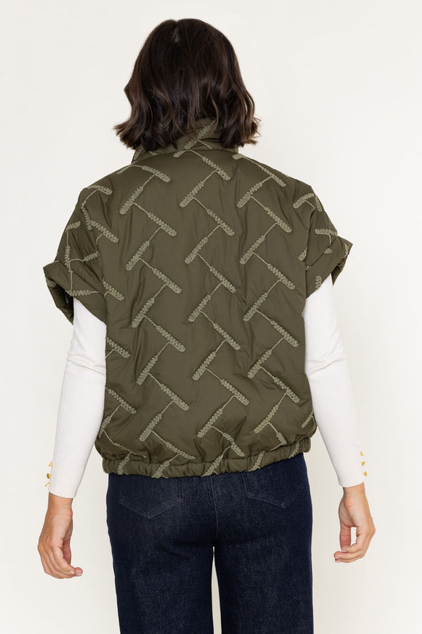 Carraig Donn Khaki Embroidered Quilted Zip Pocket Gilet
