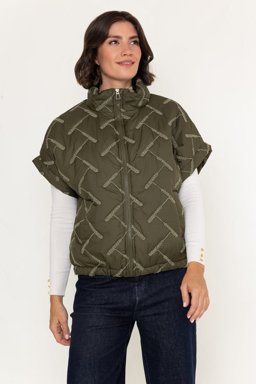 Khaki Embroidered Quilted Zip Pocket Gilet