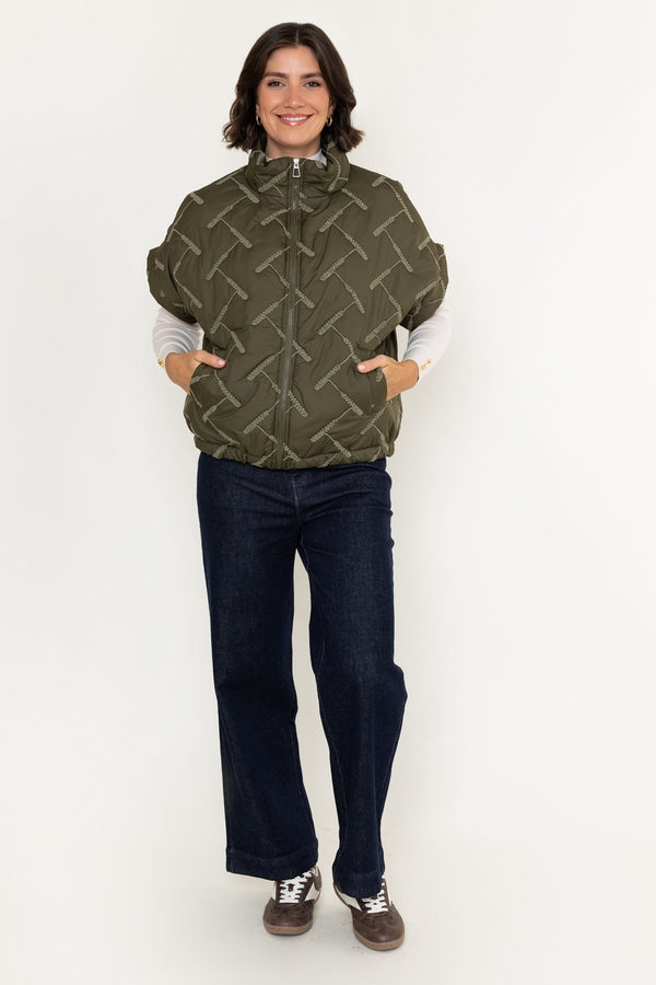 Carraig Donn Khaki Embroidered Quilted Zip Pocket Gilet
