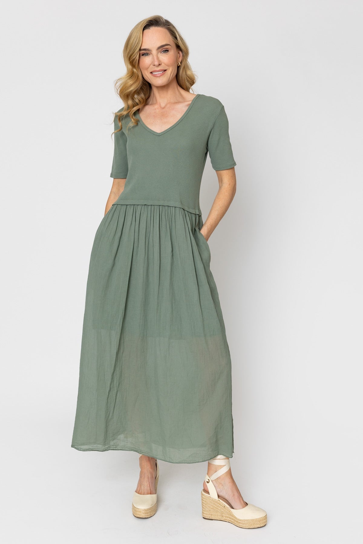 Khaki Jersey Top Midi Dress