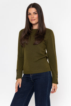 Carraig Donn Khaki Knitted Regular Fit Button Cuff Detail Long Sleeve Jumper