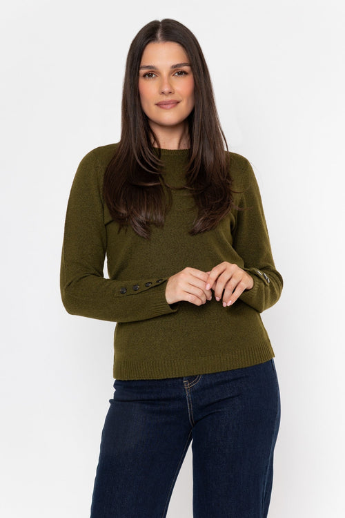Khaki Knitted Regular Fit Button Cuff Detail Long Sleeve Jumper