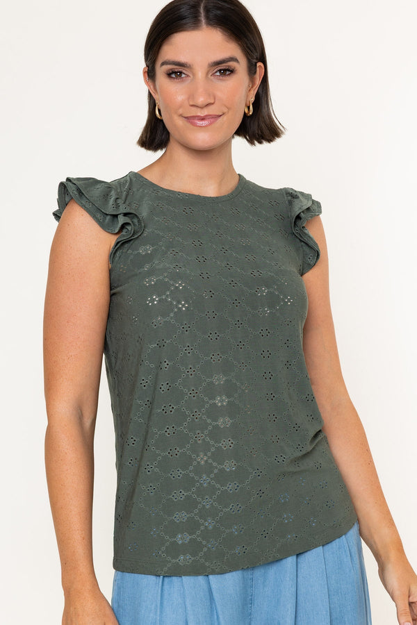 Carraig Donn Khaki Laser Cut Round Neck Ruffle Sleeve Top