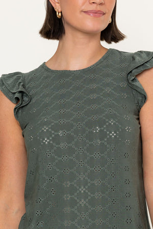 Carraig Donn Khaki Laser Cut Round Neck Ruffle Sleeve Top