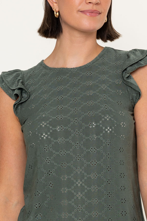 Carraig Donn Khaki Laser Cut Round Neck Ruffle Sleeve Top