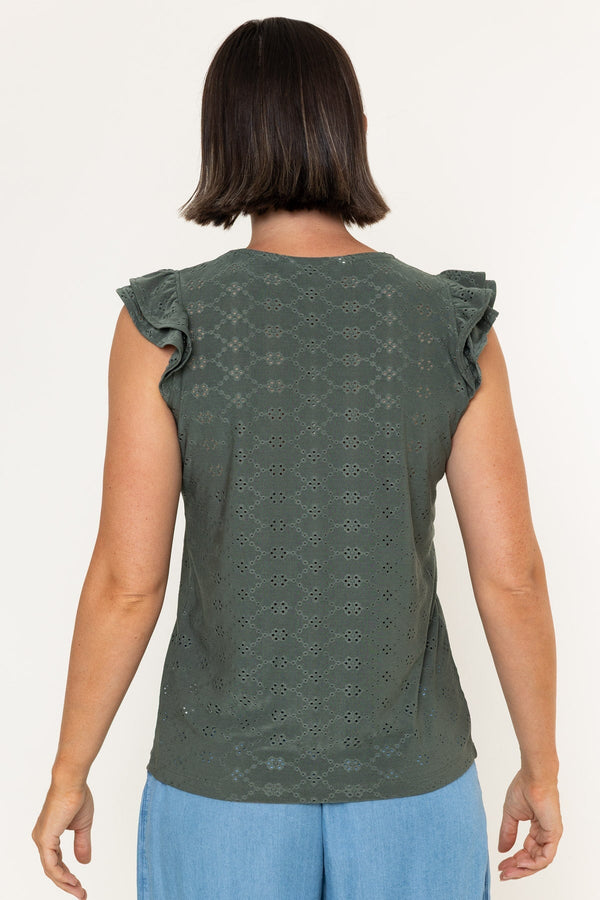 Carraig Donn Khaki Laser Cut Round Neck Ruffle Sleeve Top