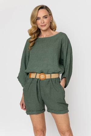 Carraig Donn Khaki Linen Belted Shorts