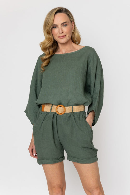 Khaki Linen Belted Shorts