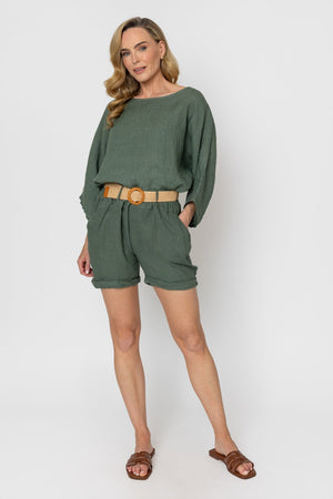 Carraig Donn Khaki Linen Belted Shorts
