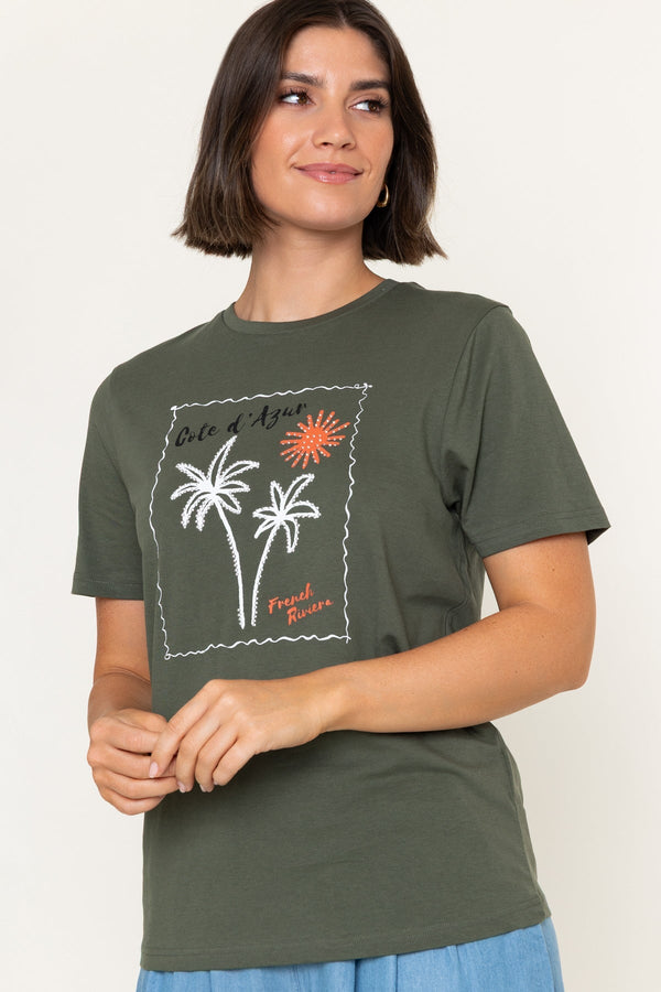 Carraig Donn Khaki Palm Print Cotton Round Neck Short Sleeve T-Shirt