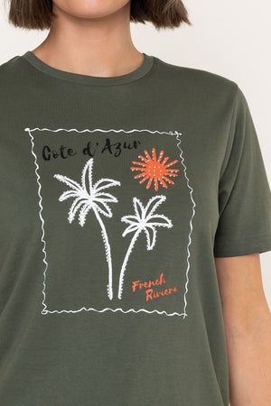 Carraig Donn Khaki Palm Print Cotton Round Neck Short Sleeve T-Shirt