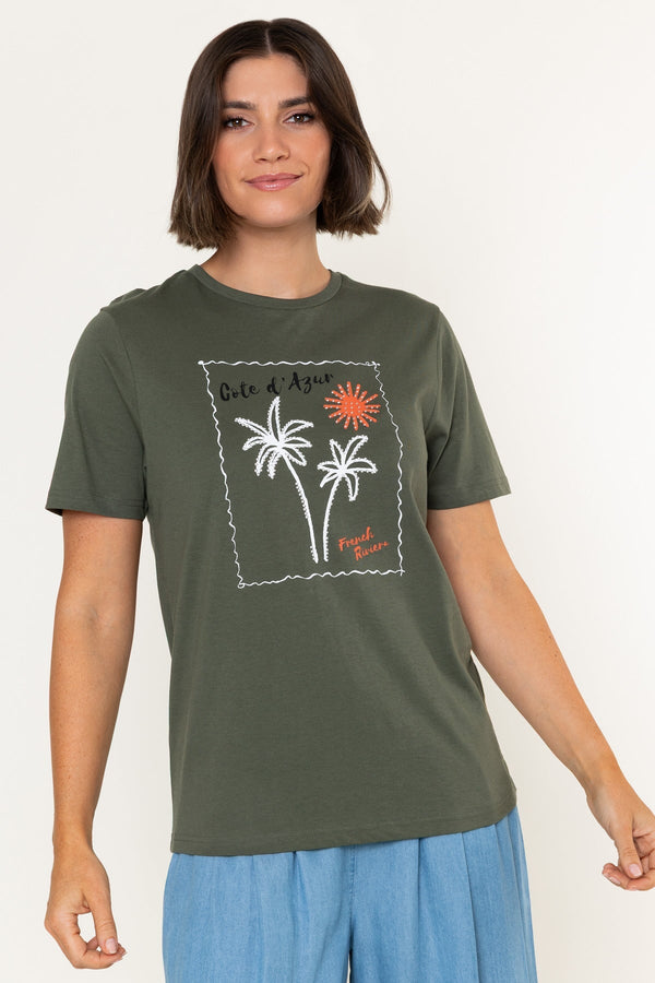 Carraig Donn Khaki Palm Print Cotton Round Neck Short Sleeve T-Shirt