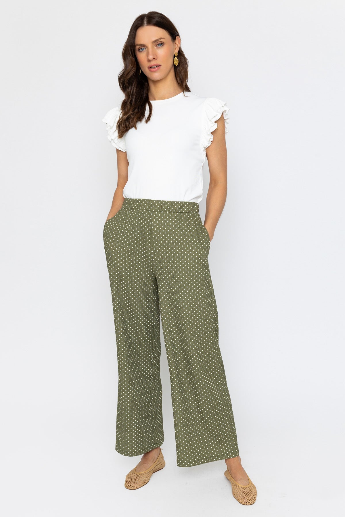 Khaki Polka Dot Trousers with Elastic Waist