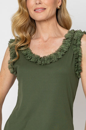 Carraig Donn Khaki Viscose Blend Vest Top With Lace