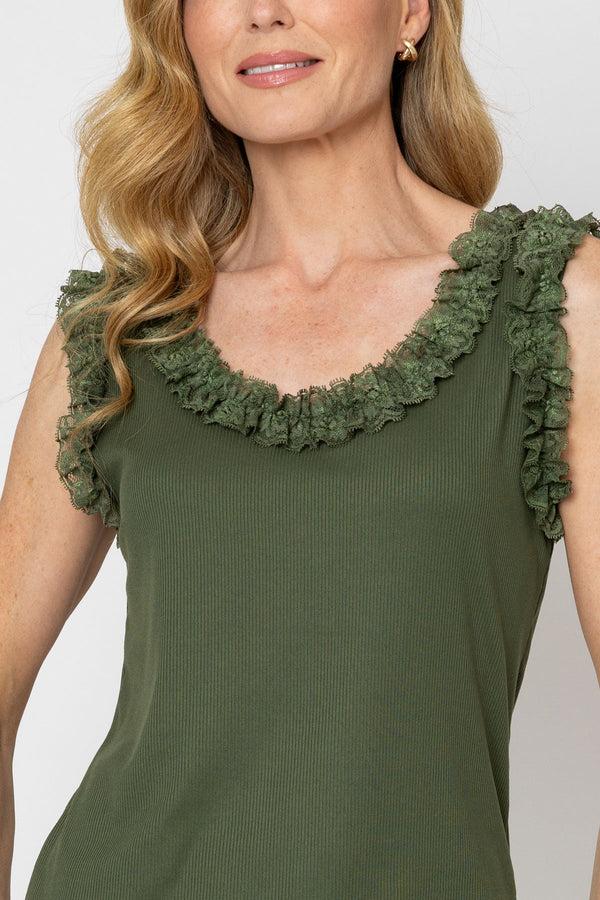 Carraig Donn Khaki Viscose Blend Vest Top With Lace
