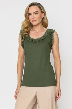 Carraig Donn Khaki Viscose Blend Vest Top With Lace