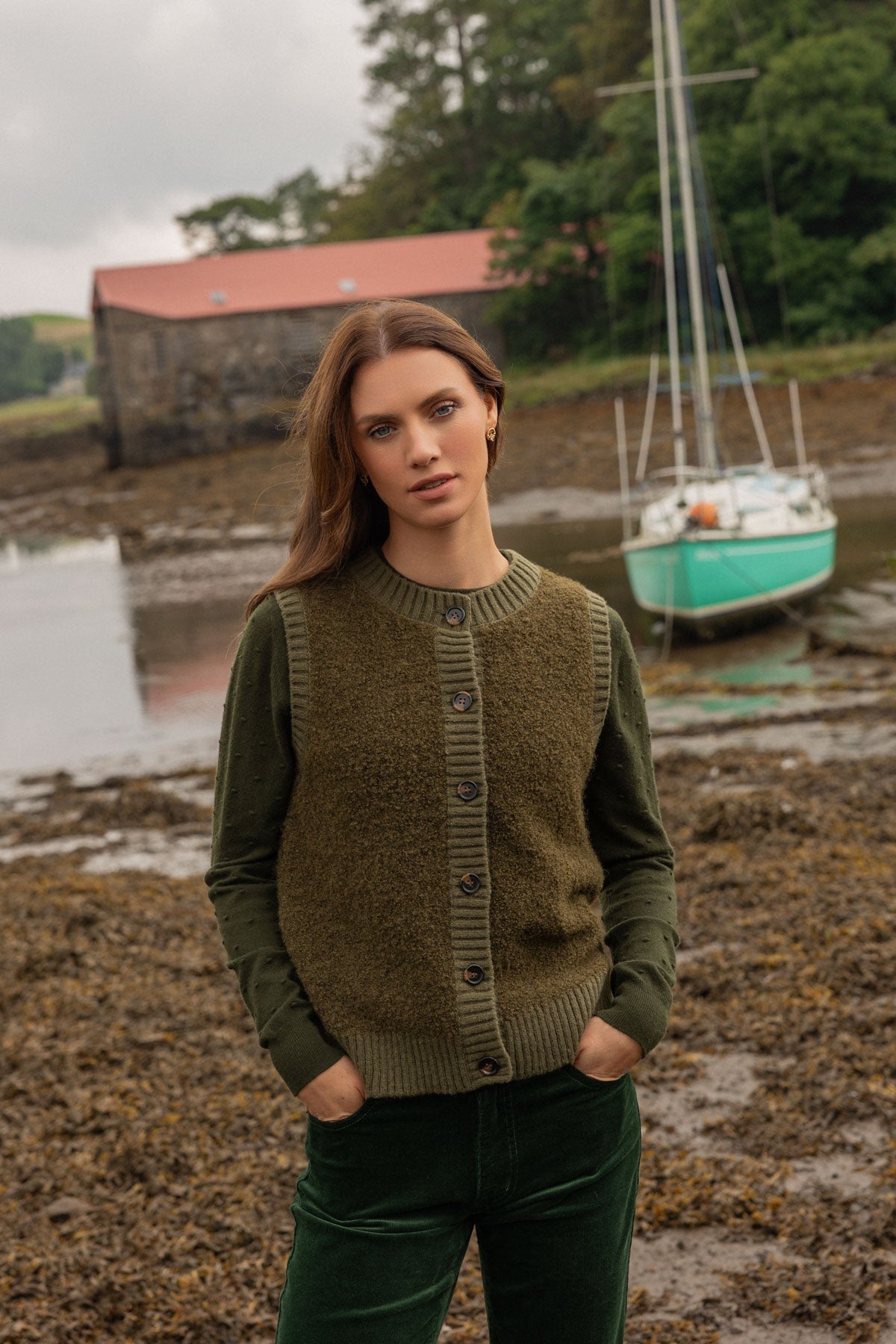Khaki Wool Blend Boucle Sleeveless Vest