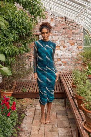 Carraig Donn Kimora Teal Print Bodycon Long Sleeve Midi Dress