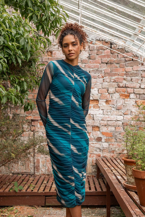 Kimora Teal Print Bodycon Long Sleeve Midi Dress