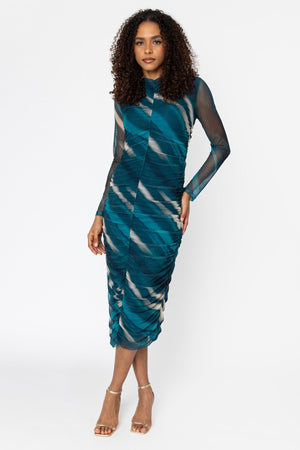 Carraig Donn Kimora Teal Print Bodycon Long Sleeve Midi Dress