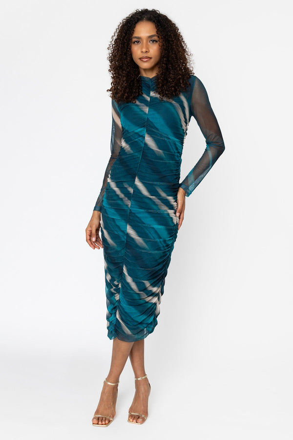Carraig Donn Kimora Teal Print Bodycon Long Sleeve Midi Dress