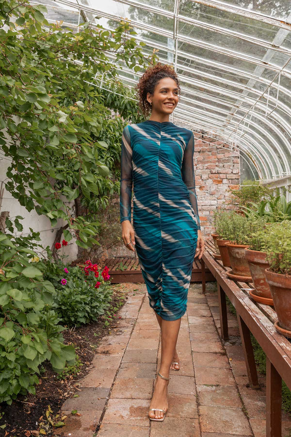 Kimora Teal Print Bodycon Midi Dress | Pala D'oro