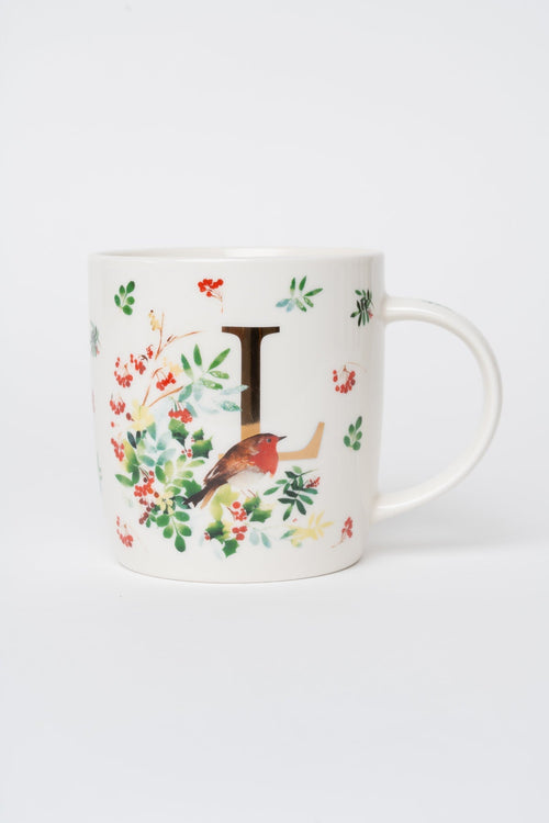 L Christmas Robin Leaf New Bone China Alphabet Mug