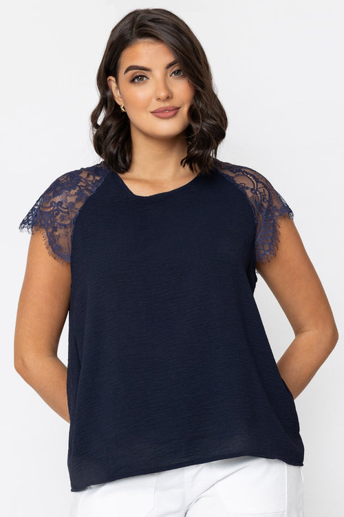 Lace Cap Sleeve Top in Navy