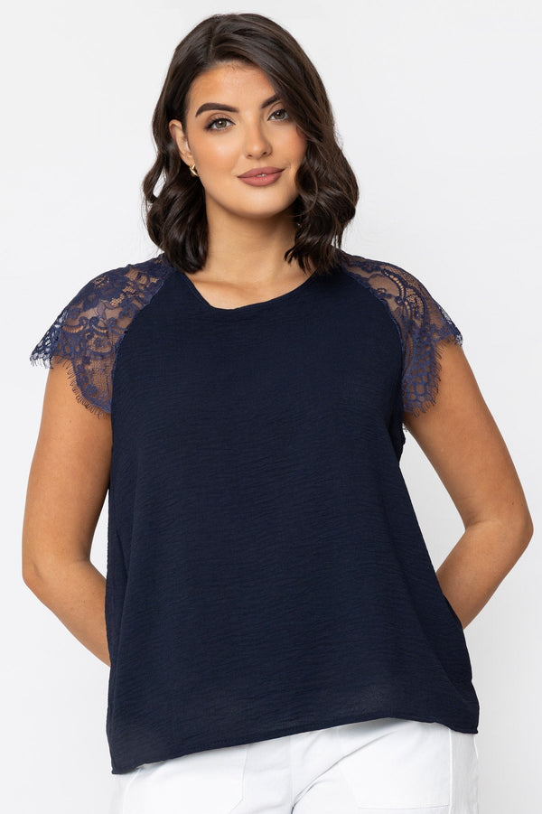 Carraig Donn Lace Cap Sleeve Top in Navy