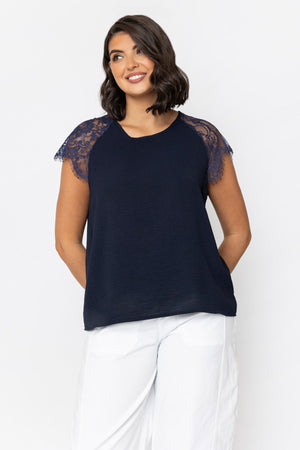 Carraig Donn Lace Cap Sleeve Top in Navy