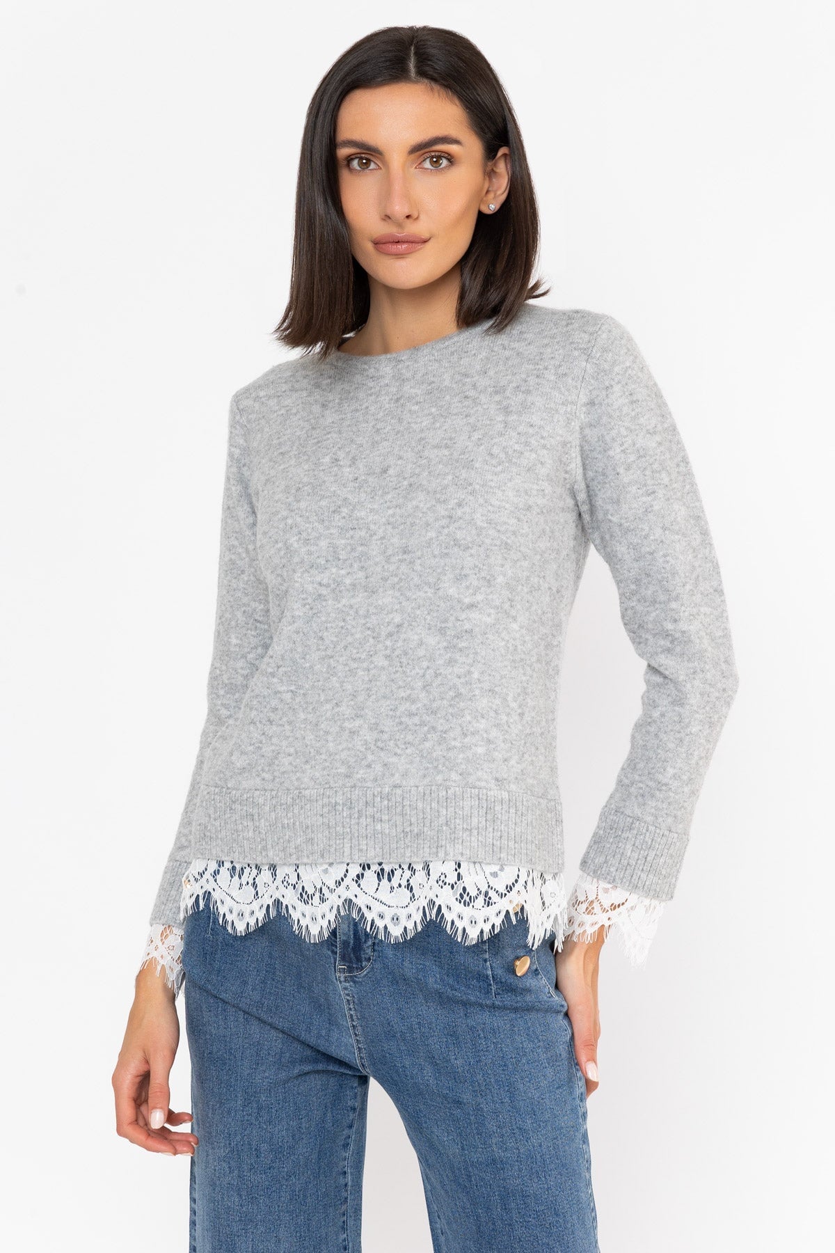Grey Knitted Regular Fit Lace Trim Long Sleeve Jumper