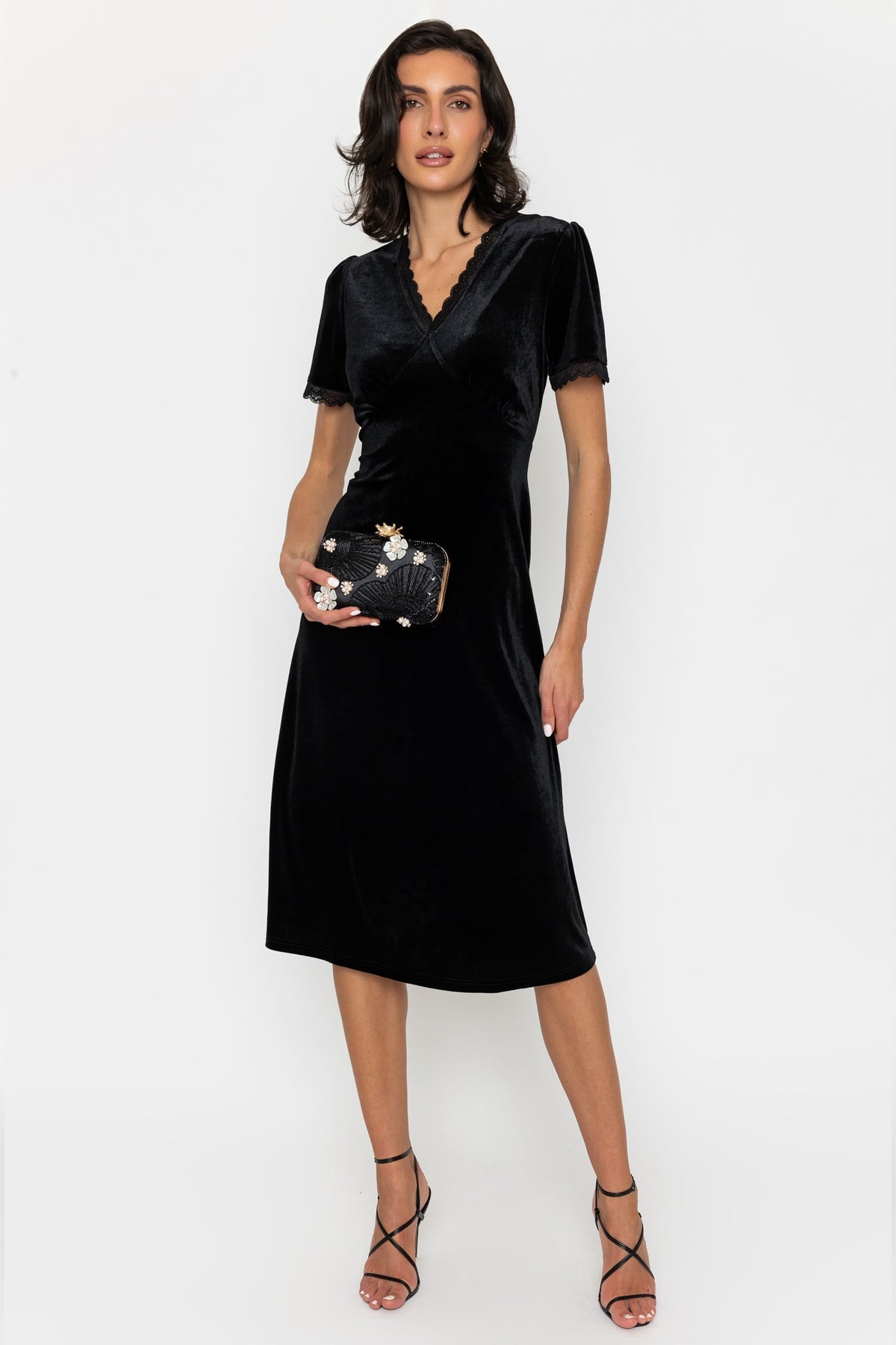 Black Velvet Lace Trim Empire Waist Midi Dress