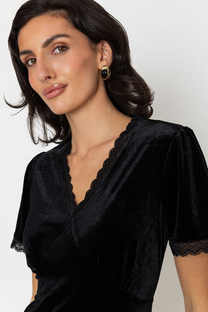 Carraig Donn Lace Trim Velvet Dress Black