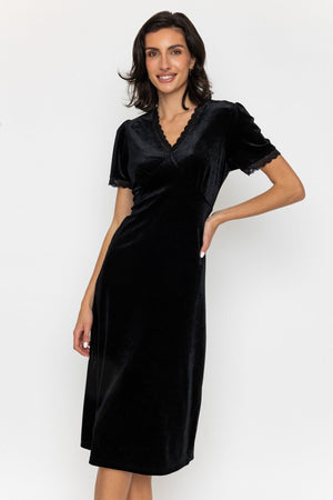 Carraig Donn Lace Trim Velvet Dress Black