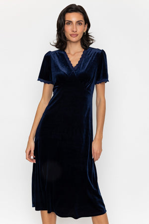 Carraig Donn Lace Trim Velvet Dress Navy